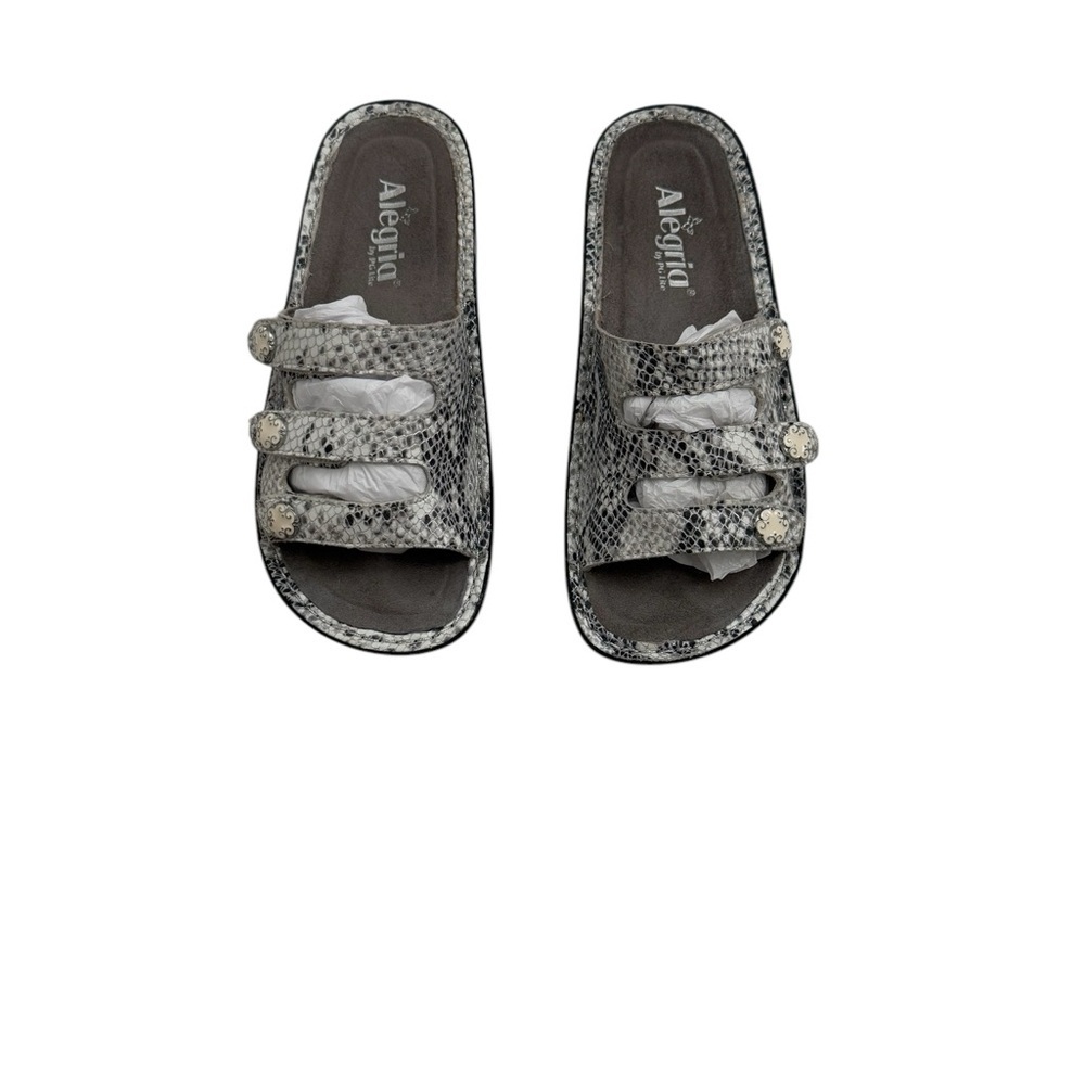 Alegria Lite Women Fio Slide Snake Skin Black Gray Leather Sandals Size 37